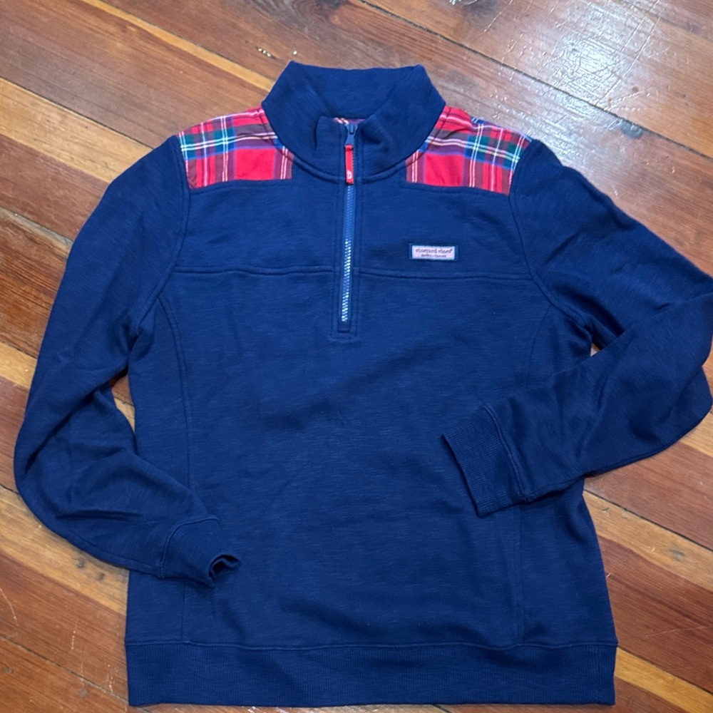 Vineyard Vines Navy Half-Zip Sweatshirt with Red Plaid Shoulders